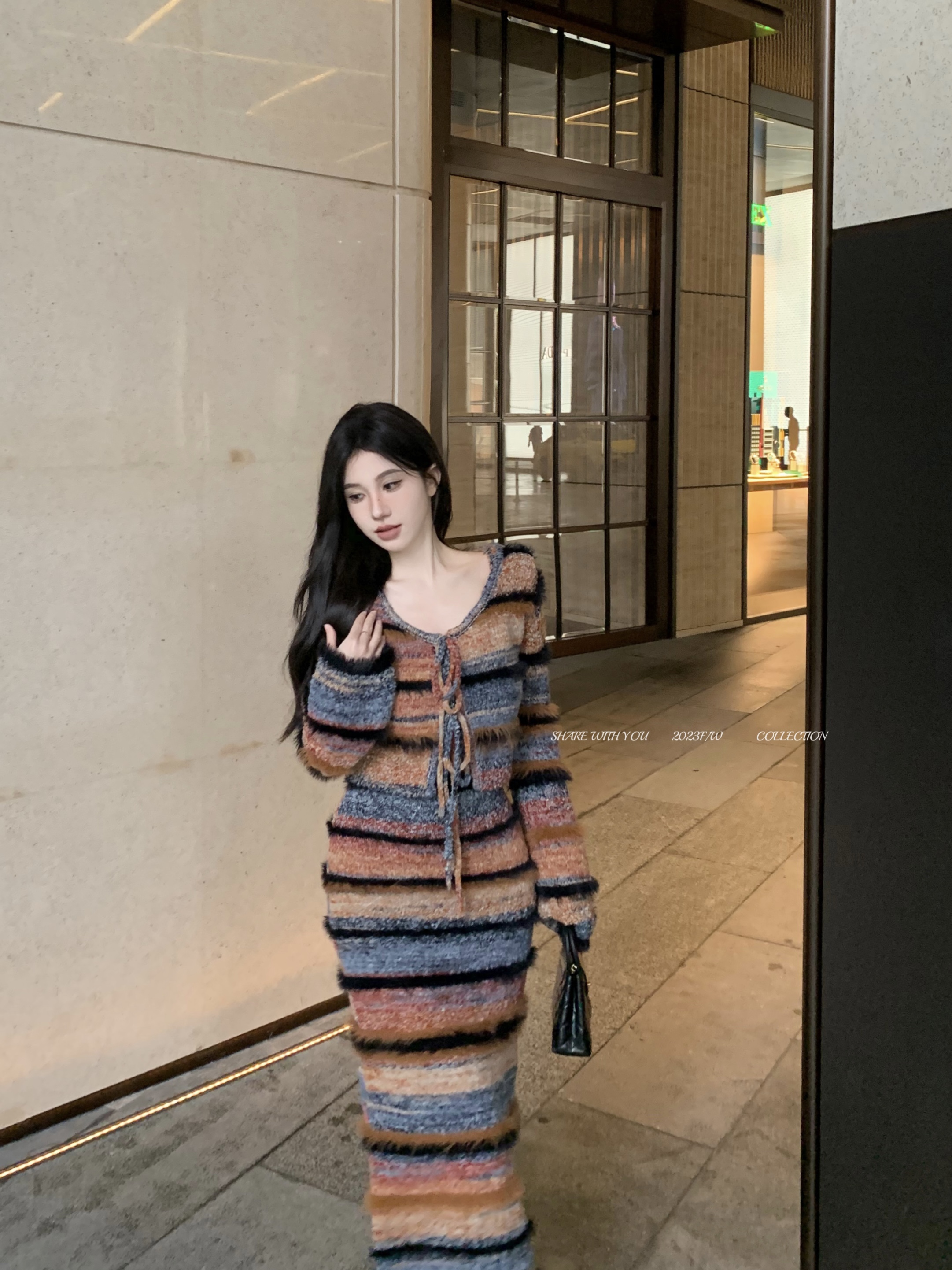 實拍 美拉德漸變開衫毛衣外套長款針織吊帶裙套裝