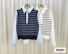 Women's Semi-Open Long-Sleeved Top with Striped Collar Splicing, Autumn/Winter New Arrival Korean Style Fashion V-Neck Blouse