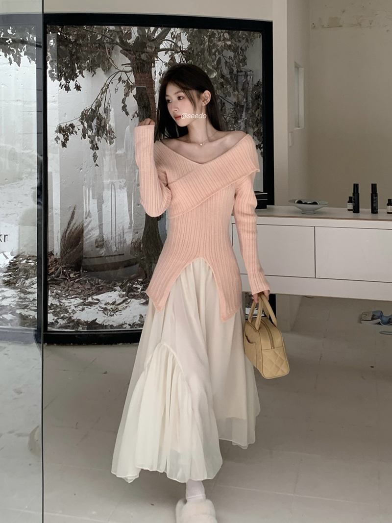 實拍 三標齊 韓版溫柔風不規則交叉修身上衣女氣質百搭半身裙套裝
