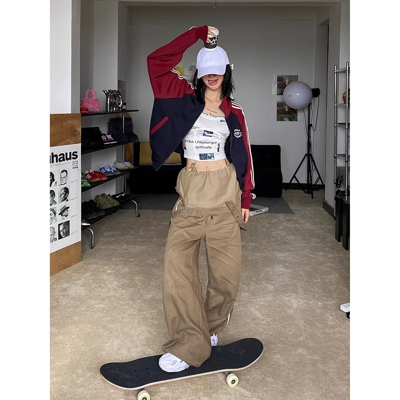 美式街頭條紋撞色拼接外套女2023秋新款學院風立領運動夾克棒球服