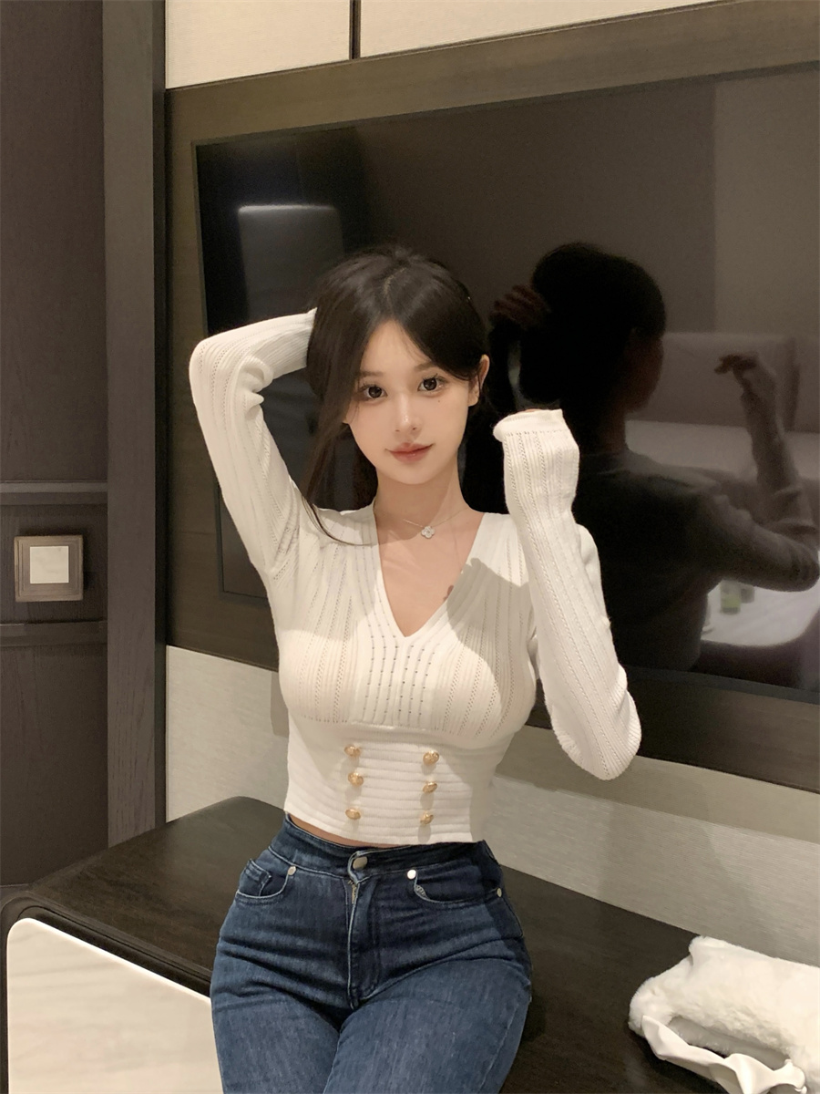 實拍 V領純欲排扣設計感緊身毛衣內搭女