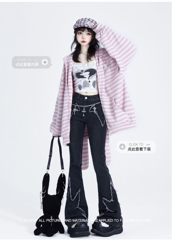 11SHOP97 條紋兔子耳朵連帽針織開衫外套女秋季薄款毛衣寬鬆上衣