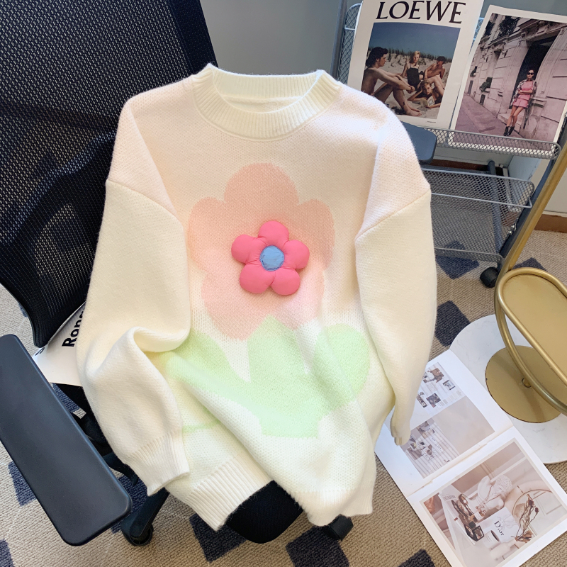 甜美溫柔風立體花朵圓領毛衣女秋冬加厚外穿寬鬆慵懶針織衫上衣