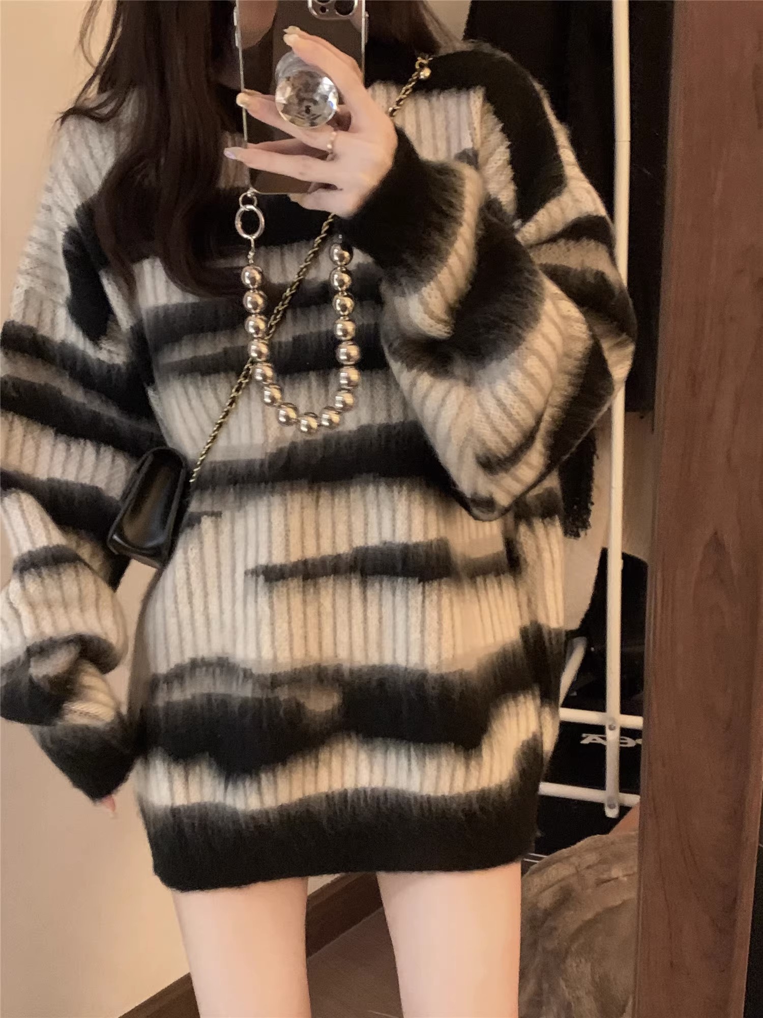 條紋馬海毛中長款套頭毛衣女秋冬寬鬆慵懶風高級感冬季軟糯針織衫