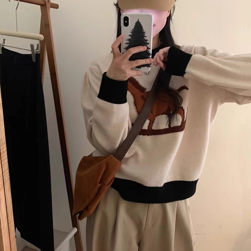 小馬撞色圓領套頭毛衣女秋冬寬鬆慵懶風設計感小眾軟糯針織衫上衣