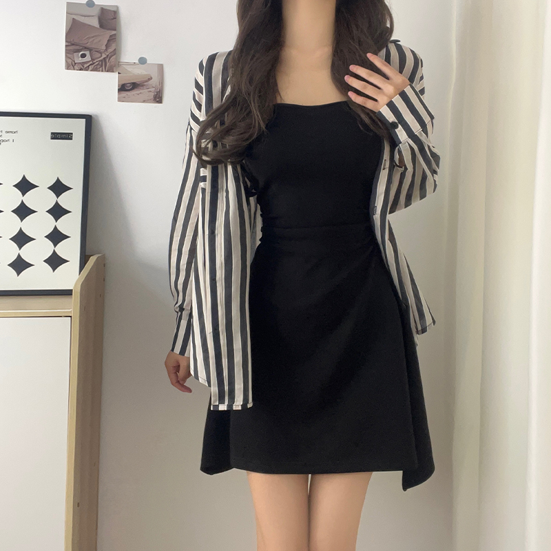 實拍復古條紋長袖襯衫吊帶連衣裙子女春秋2023新款法式高級感短裙