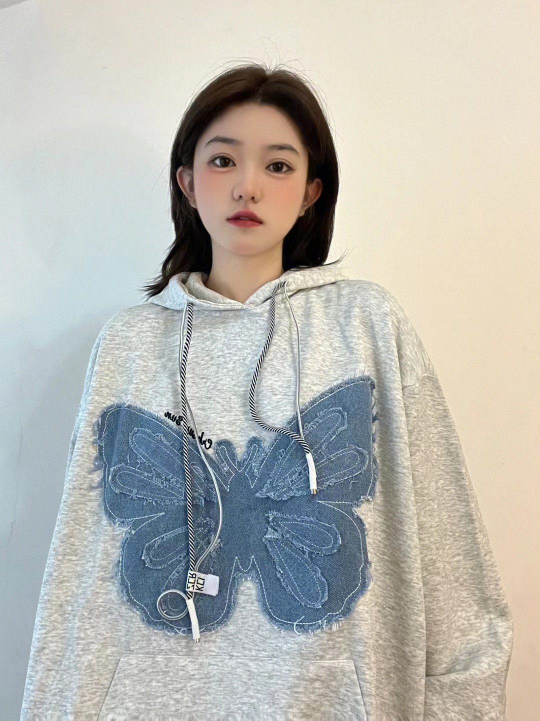 美式復古慵懶風刺繡牛仔蝴蝶衛衣女加絨外套oversize加絨款上衣