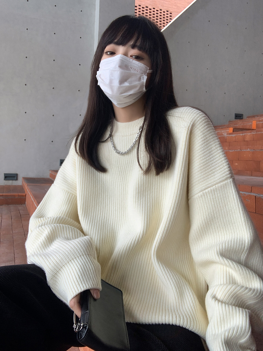 SIXI四喜家春秋 純色廓形圓領毛衣女寬鬆休閒慵懶風加厚針織外套
