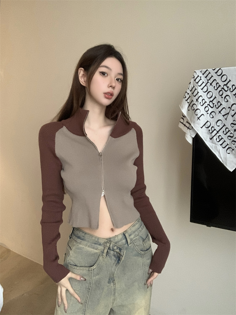 Real shot of Maillard wearing a high-neck knitted cardigan with a zipper and retro contrasting raglan sleeve sweater jacket