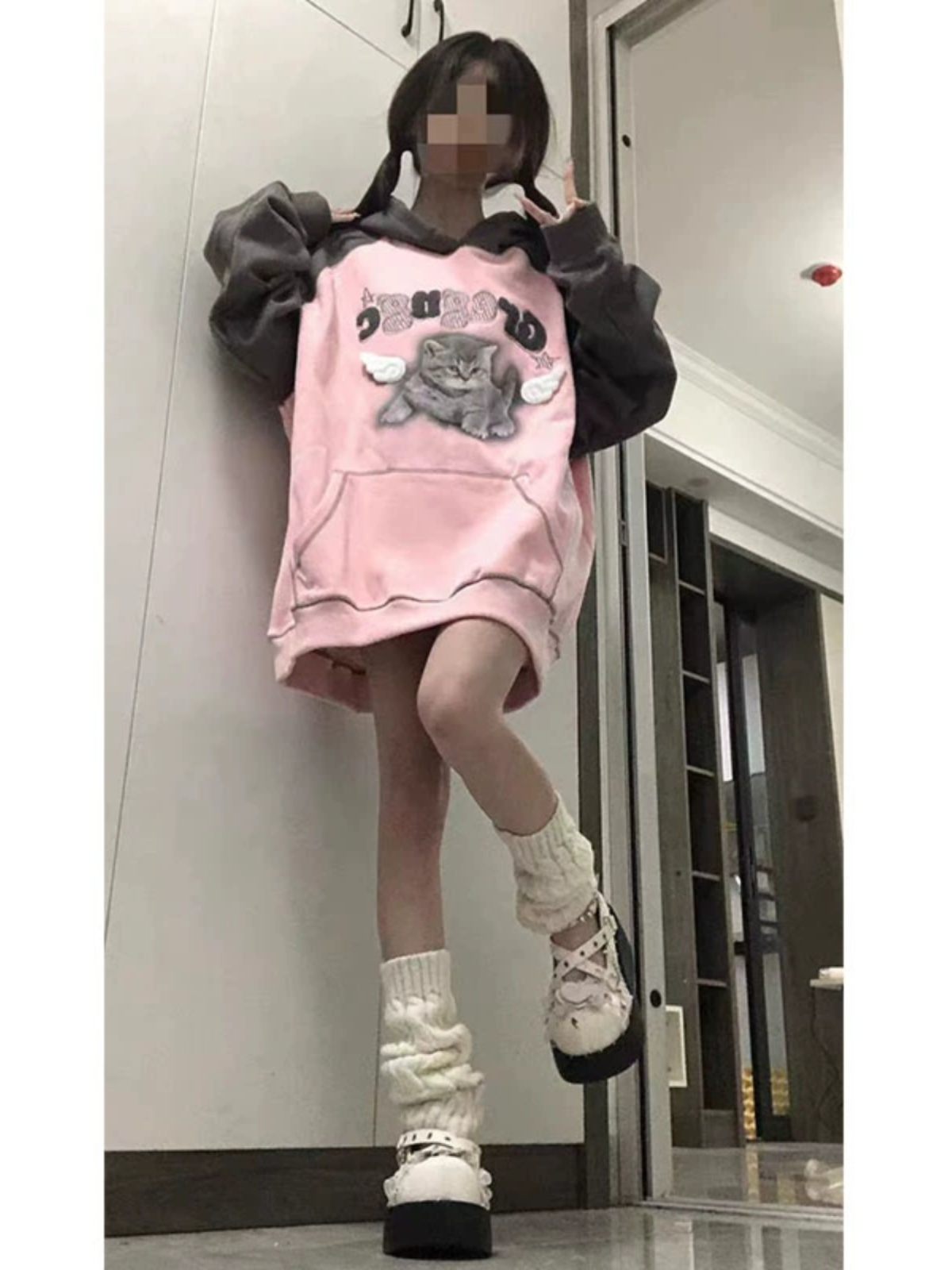 粉色正肩插肩長袖t恤女早秋常規款多巴胺