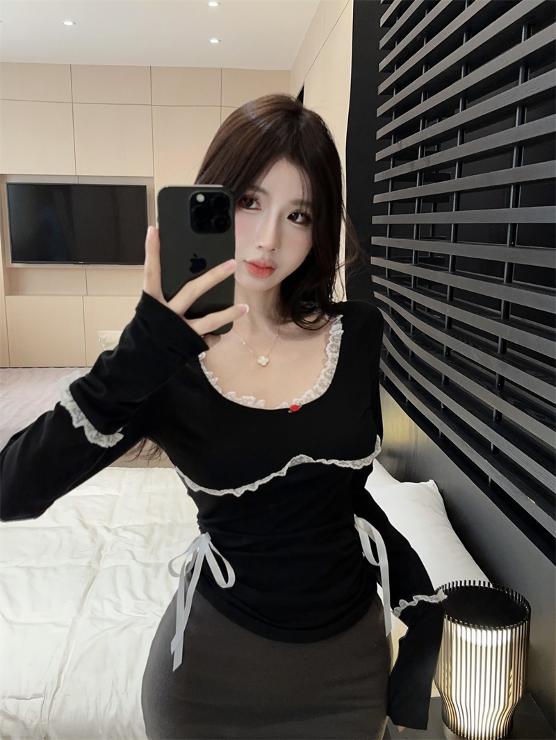 實拍~純欲復古少女蕾絲邊拼接長袖體T恤設計感修身顯瘦系帶上衣