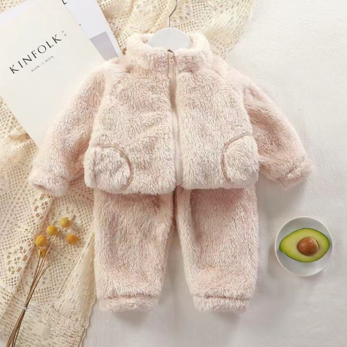 套装秋冬季男女宝宝毛绒保暖衣宝宝纯色时尚家居服拉链款两件套
