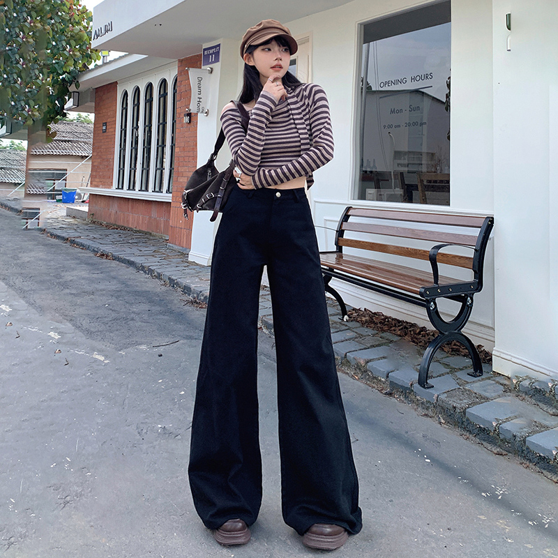 實拍2023秋冬復古高腰寬鬆闊腿褲新款百搭拖地喇叭褲牛仔褲女