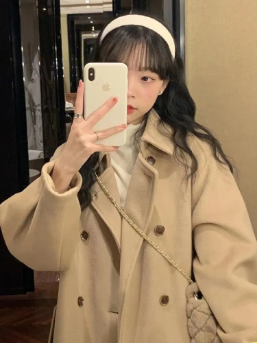 Woolen coat women's mid-length  autumn and winter new college style Korean style small loose thickened woolen coat