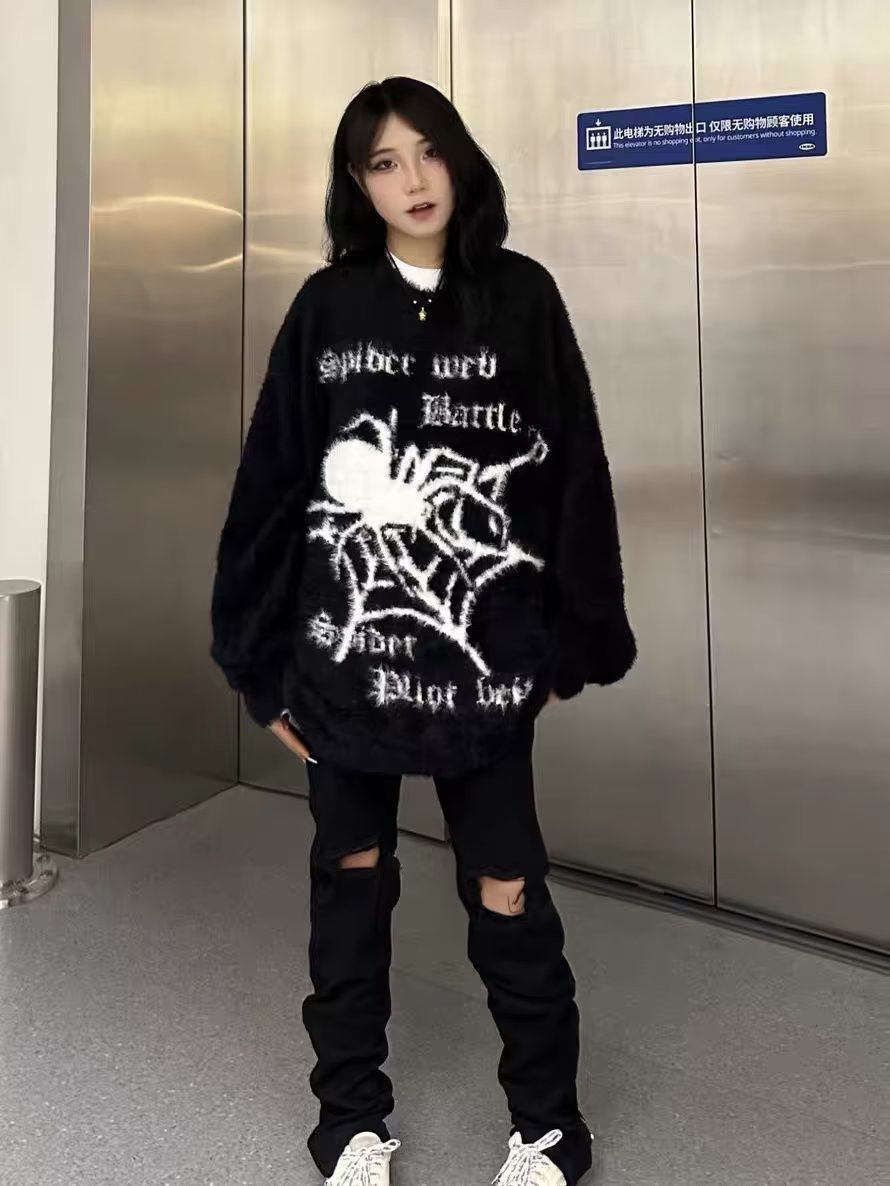 美式復古小眾蜘蛛毛衣秋冬男女海馬毛針織衫潮街頭