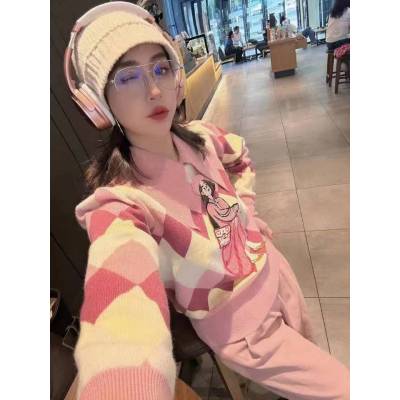 設計感復古菱格針織毛衣女秋冬小眾慵懶氣質小香風撞色百搭上衣潮