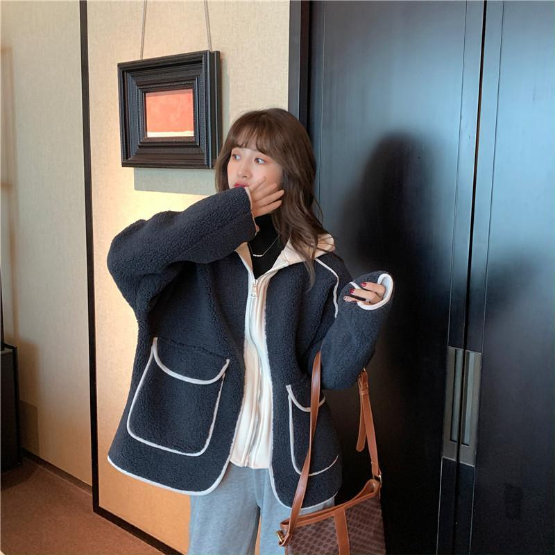 加厚加絨連帽撞色羊羔毛外套女秋冬百搭潮流寬鬆休閒羊羔絨上衣女