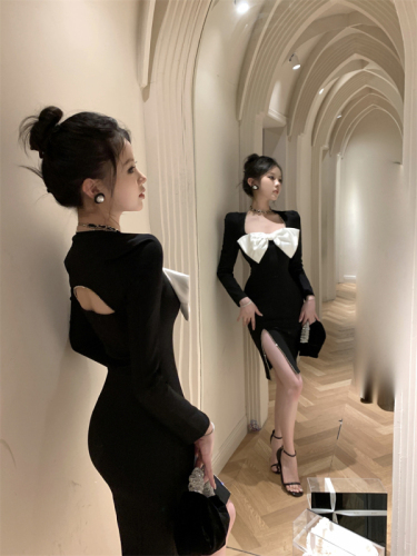 Actual shot ~ Celebrity elegant bow French Hepburn style feminine temperament slim hip-covering dress