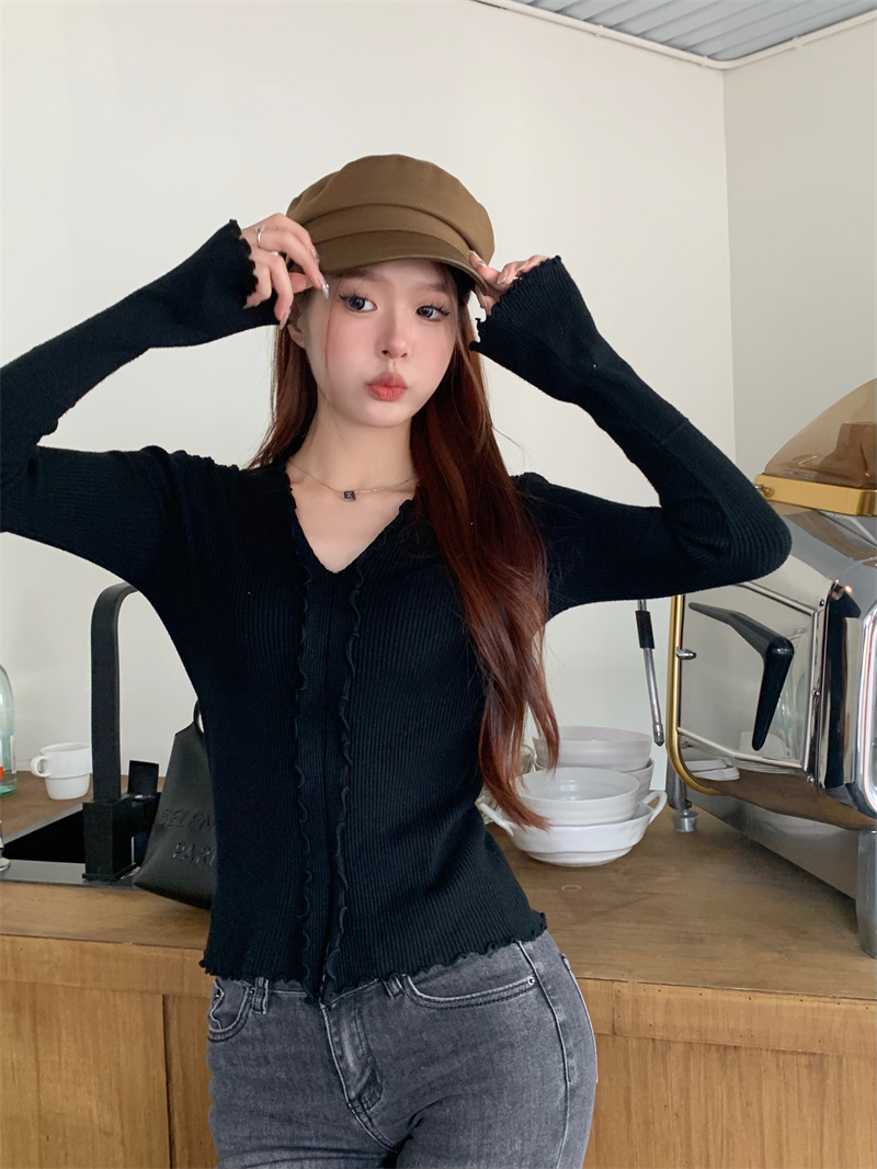 實拍 秋冬新款韓版v領木耳邊長袖修身顯瘦純欲氣質針織上衣女