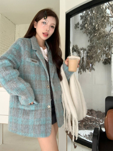 Actual shot of autumn and winter Korean chic small fragrant wool contrasting blue plaid thickened warm suit jacket