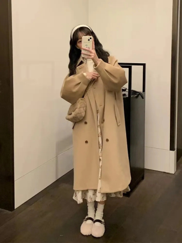 Woolen coat women's mid-length  autumn and winter new college style Korean style small loose thickened woolen coat