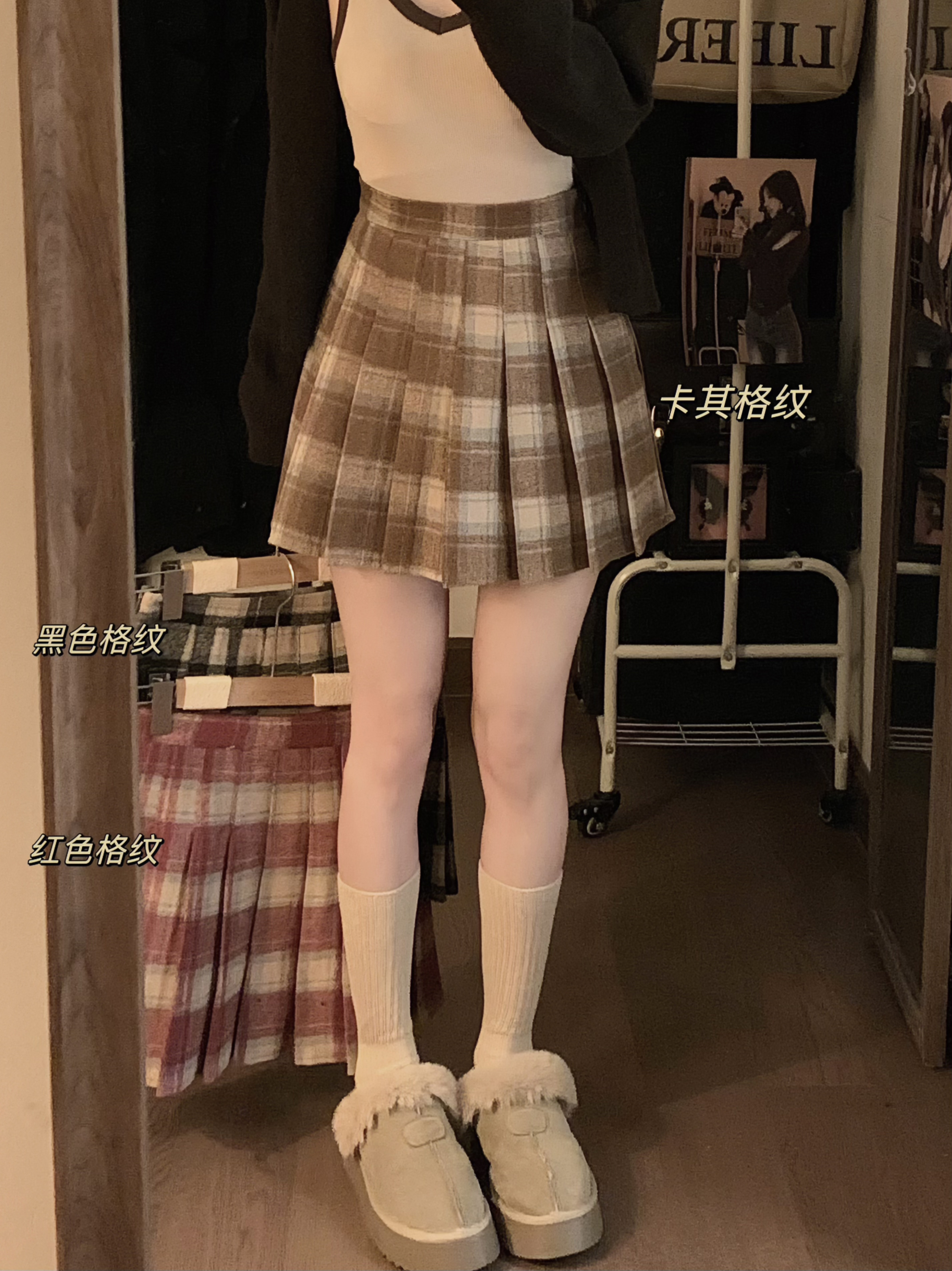 實拍~秋冬毛呢格子高腰顯瘦百褶裙