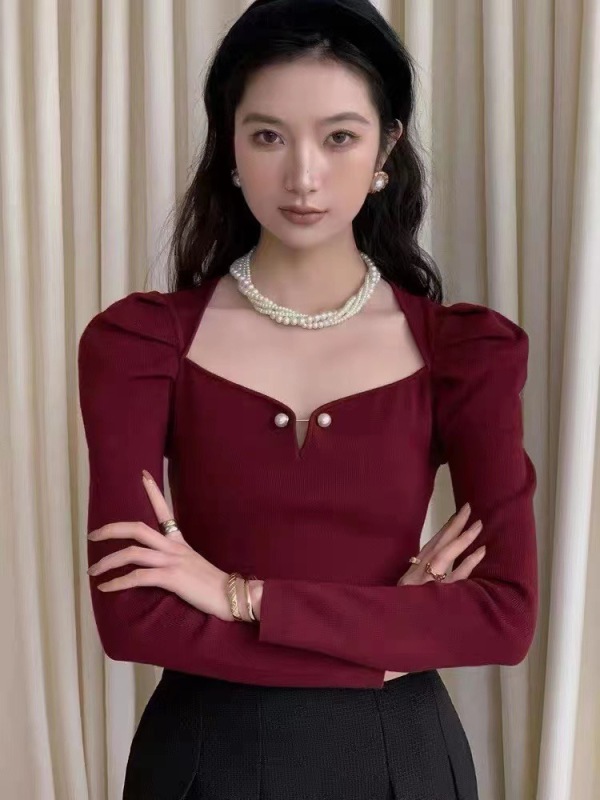 法式方領泡泡袖內搭打底衫女秋冬冬季毛衣針織衫修身上衣