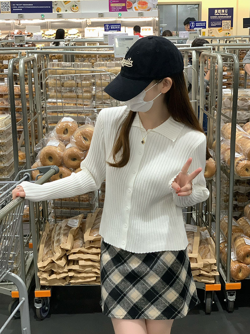 實拍 冬韓版加厚氣質翻領針織衫女單排扣細坑條百搭顯瘦毛衣
