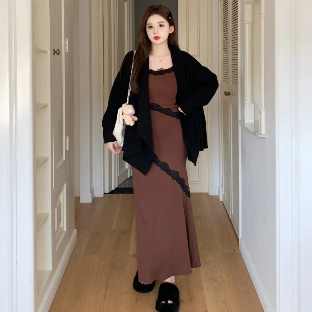 實拍 大碼女裝秋冬季溫柔風中長款毛衣外套+吊帶連衣裙兩件套