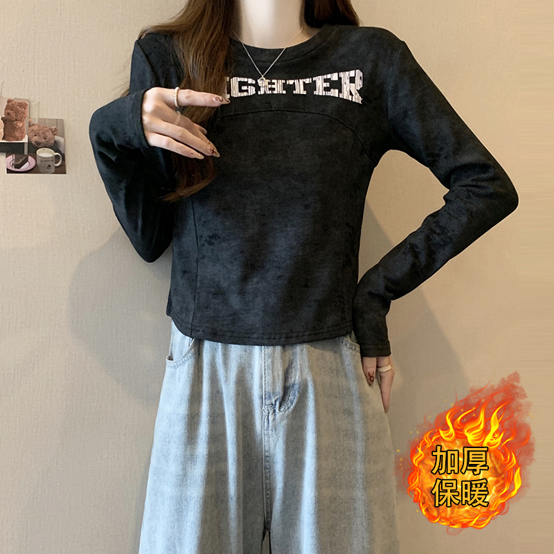 實拍2023秋冬新款胖mm百搭字母印花加厚保暖正肩短款打底衫T恤
