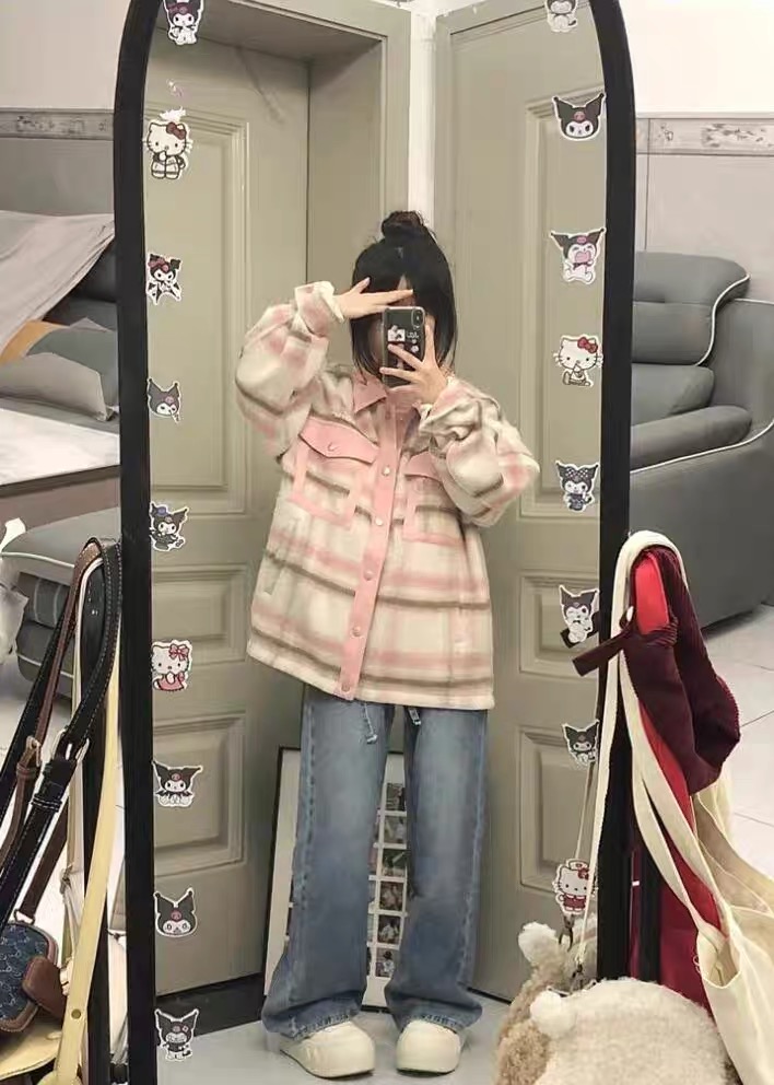 小香風拼接格子紋理毛呢女長袖外套上衣潮牌hiphop情侶夾克棒球服