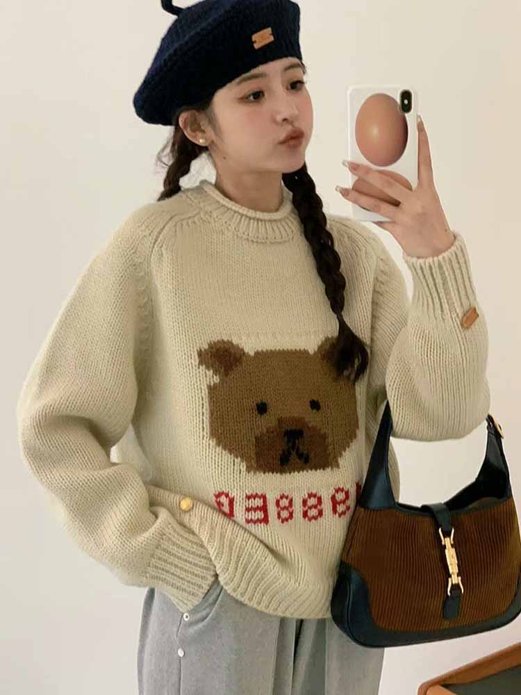 慵懶風軟糯復古杏色小熊針織毛衣女2023新款溫柔氛圍感超好看上衣