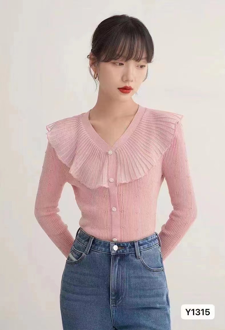 秋季新款時尚氣質V領荷葉邊領花朵扣長袖開衫上衣女