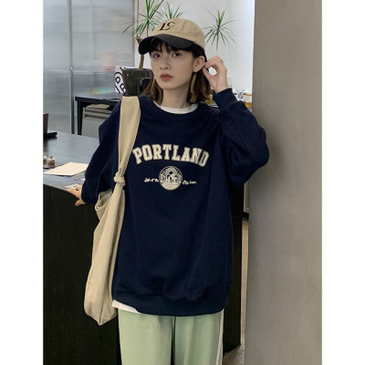 原宿BF加絨加厚套頭圓領衛衣女學生鹽系寬鬆上衣秋冬季外套慵懶風