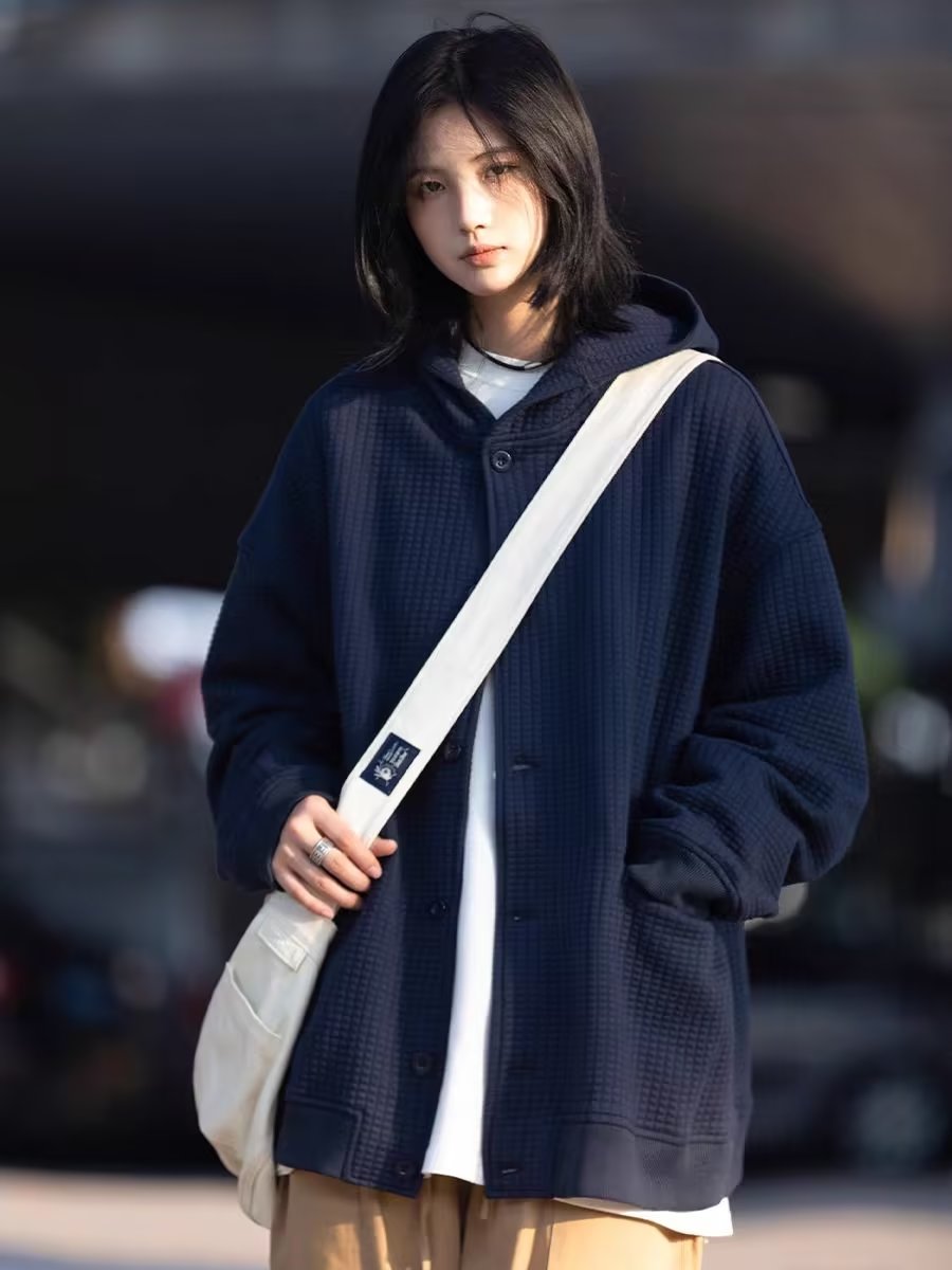 Japanese retro waffle solid color hooded cardigan for men and women, spring and autumn trendy brand velvet jackets