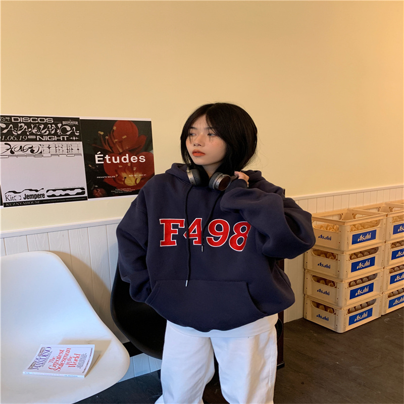 魚鱗+加絨加厚 韓版數字印花重工連帽長袖衛衣女新款寬鬆抽繩上衣