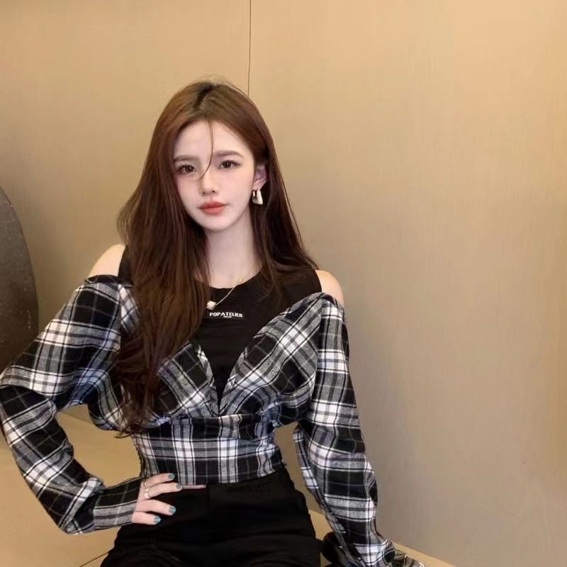 春秋季拼接圓領假兩件長袖格子襯衫女短款修身辣妹印花字母上衣