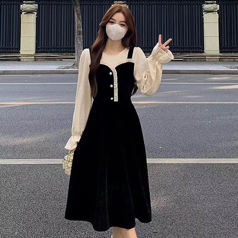原版面料+做法 2023秋冬假兩件女裝連衣裙設計感撞色收腰顯瘦裙子