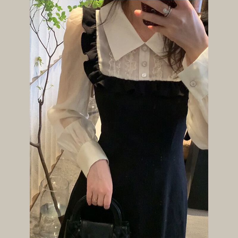 小個子學院風長袖黑色連衣裙子秋冬季2023新款女裝假兩件背帶長裙