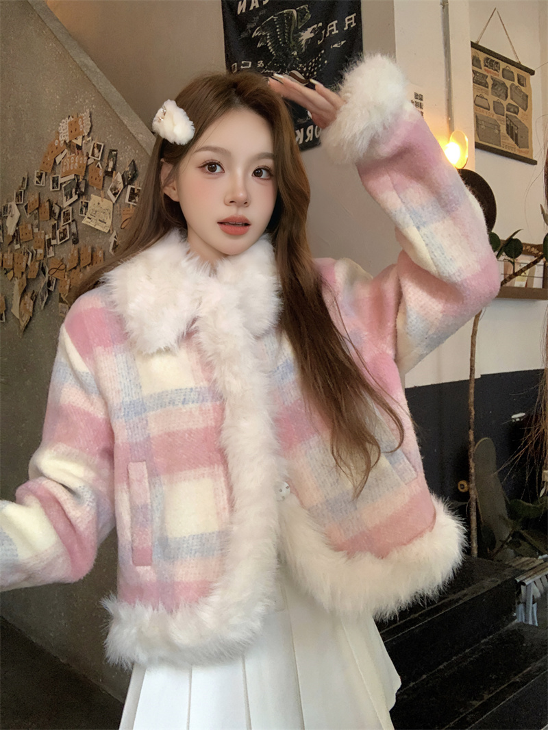 實拍 小香風洋氣復古甜美減齡氣質毛毛拼接加厚夾棉毛呢外套
