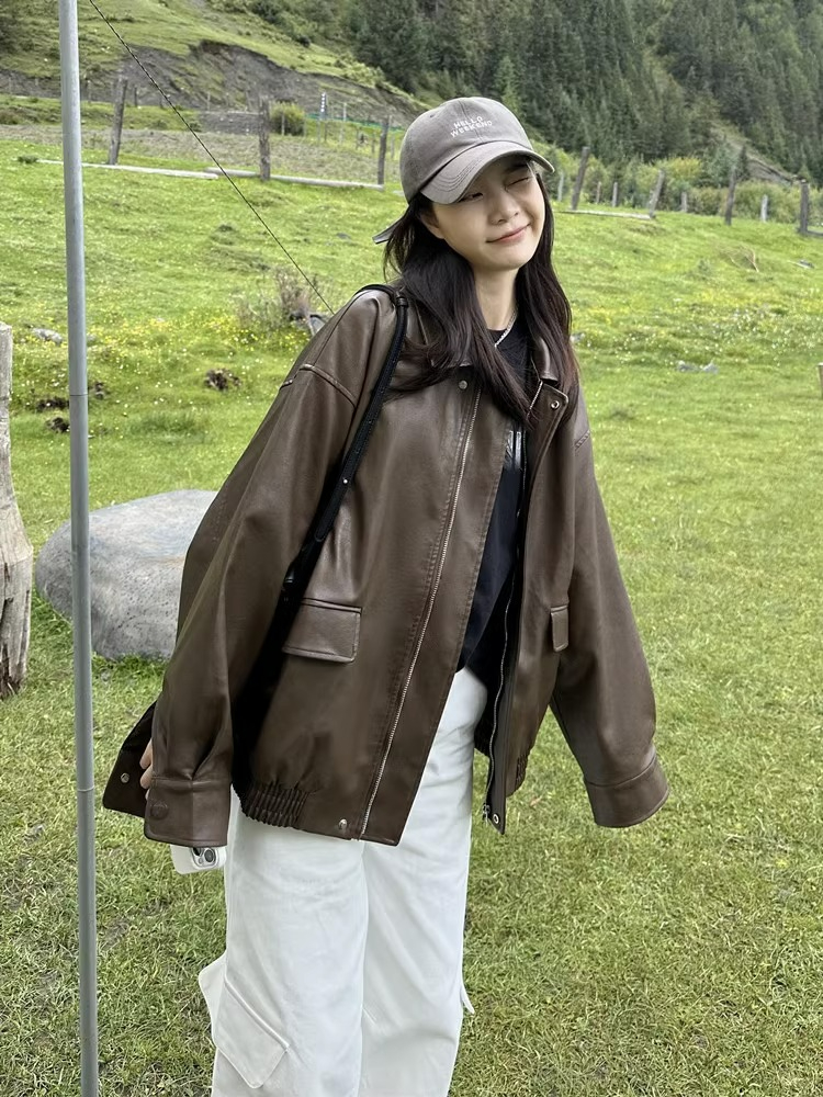 2023 New Spring and Autumn American Retro Brown Leather Women's Jacket Design Leather Jacket Motorcycle Maillard Outfit