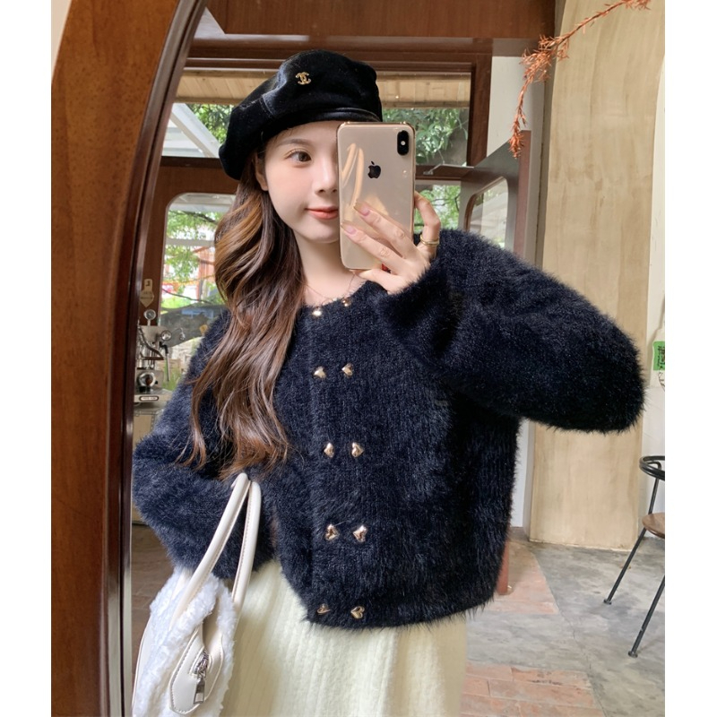 天貓質量軟糯仿水貂絨短款開衫針織衫高級感小香風毛衣女外套