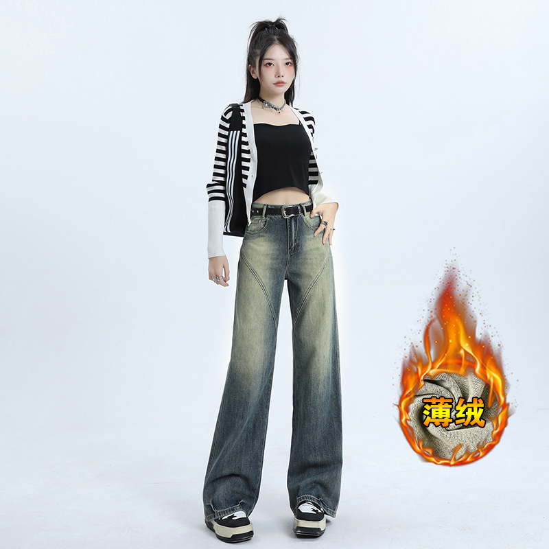 實拍2023秋季時尚復古藍色牛仔褲女高腰直筒寬鬆闊腿拖地褲