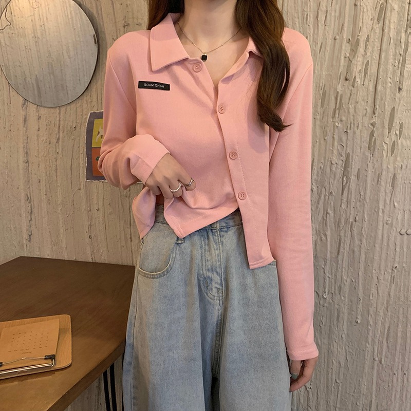 秋季寬鬆顯瘦設計感開叉百搭長袖t恤女不規則短款別致Polo領上衣