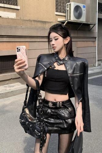 Actual shot ~  new winter hot girl horizontal zipper stand collar shoulder pad PU leather short coat motorcycle jacket leather jacket