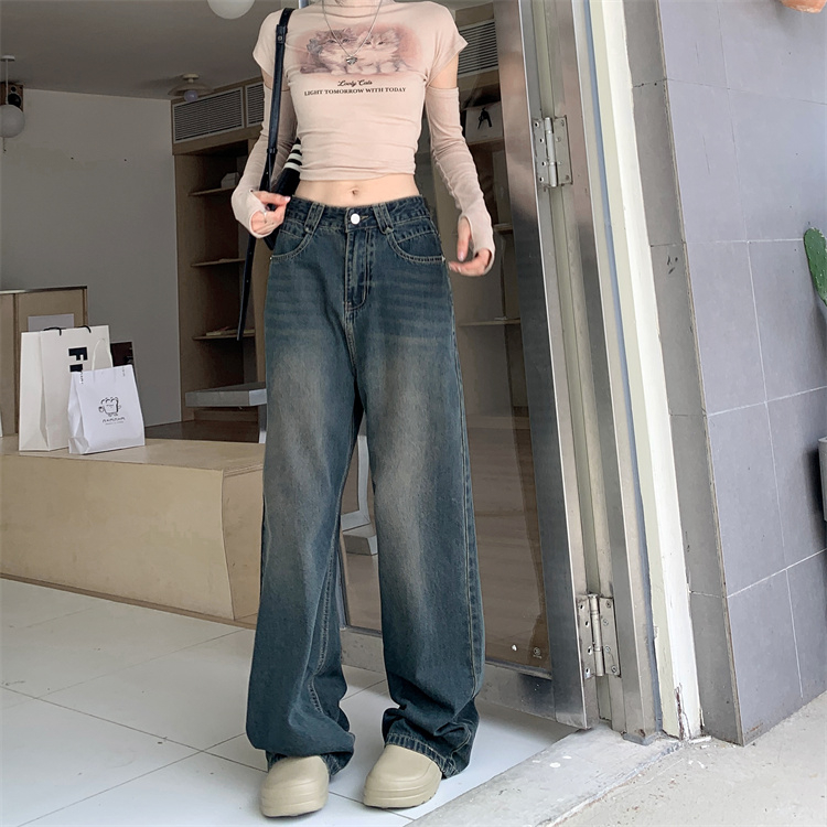 實拍 深藍色直筒褲長褲女 高腰寬鬆牛仔褲拖地褲