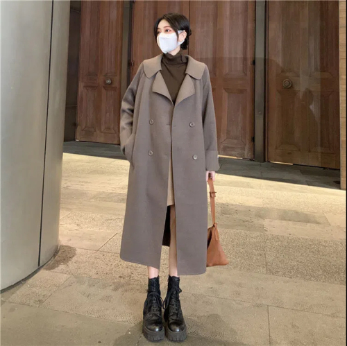2023 new large size fat mm autumn and winter temperament double-sided woolen coat women's mid-length Hepburn style woolen coat looks slim