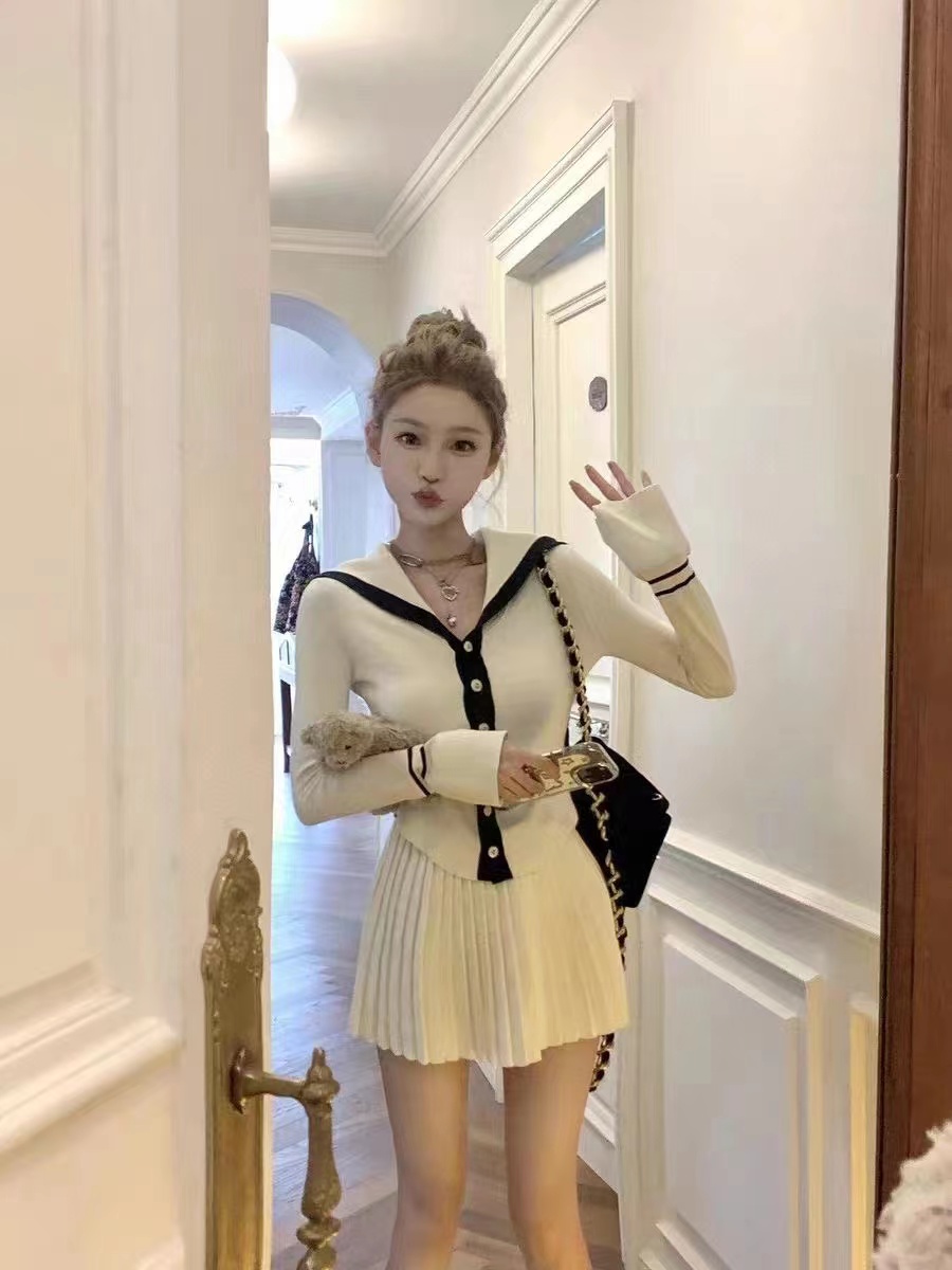 BB Korean custom-made slim-fitting hot-selling navy style knitted waist suit skirt autumn women's black/white two-piece suit
