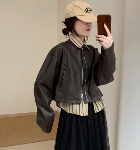 Exquisitely designed stand-up collar simple leather jacket 2023 spring and autumn new Korean style fashionable long-sleeved top slimming short jacket