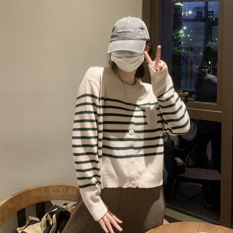 2023年新款條紋針織開衫外套女秋季外搭韓版寬鬆長袖短款毛衣外穿